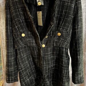 Promesa Black and White Plaid Blazer Romper with Gold Buttons